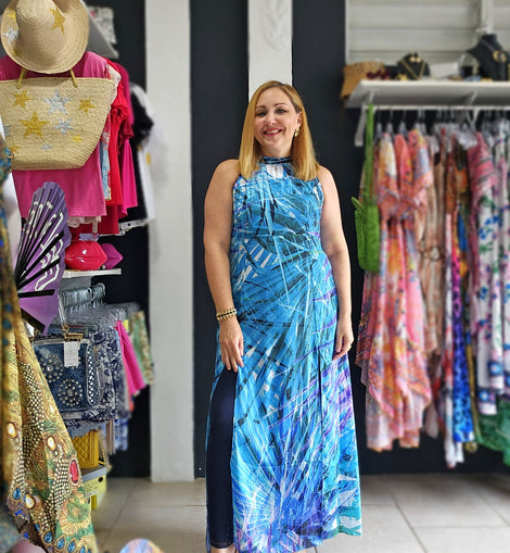 Blue Mix double Slit Maxidress Angelina