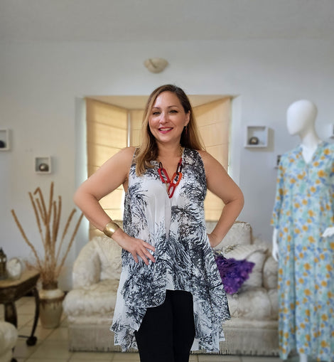 White & Black Tree Branch Asymetric tunic  bu Carlota Alfaro