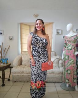 Animal Floral Mix Oneshoulder Maxidress