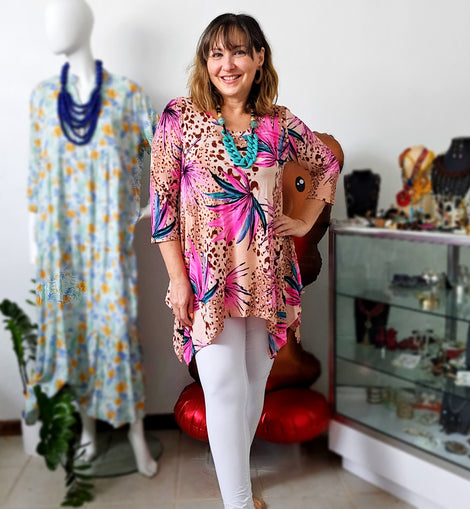 Floral Brown dots Asymetric tunic