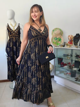 Golden Muse | Vestido Boho Negro con Destellos Dorados