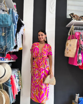 Jessia Fushia & Orange Mix Midi Dress