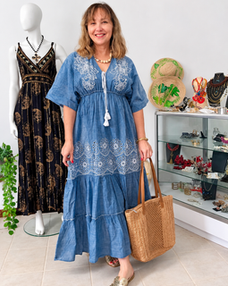 Blue Bohemian Charm | Vestido Maxi Bordado