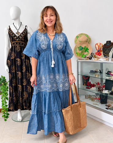 Blue Bohemian Charm | Vestido Maxi Bordado