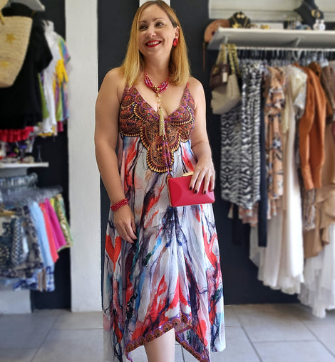 Red Mix Asymetric dress Angelina