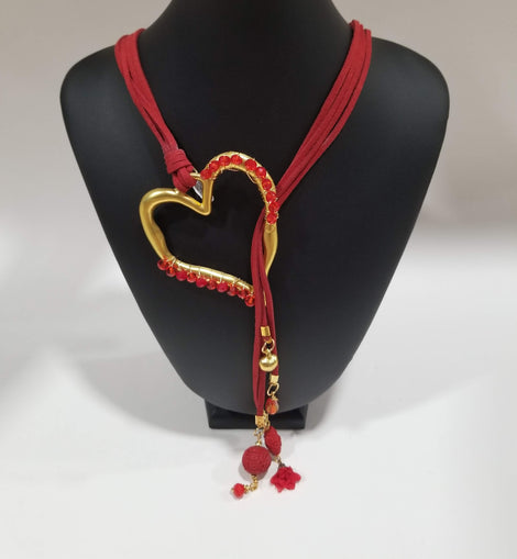 Red Rondelle Leather Heart Lariat