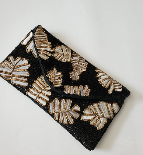 Black & Two Tones Leaves Clutch